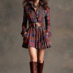 Brown Elegant Women's Plaid Shirt Dress with Cinched Waist